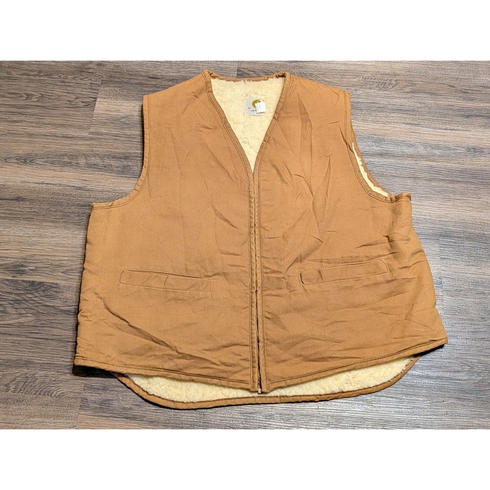 Vintage Carhartt 6SV Duck Vest Brown Faux Shearling Lined Made in USA Mens XL